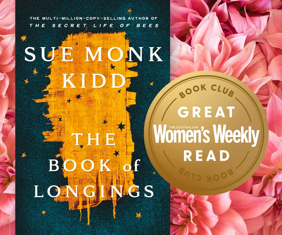 Cover of "The Book of Longings" by Sue Monk Kidd with Women's Weekly Book Club badge on pink flower background.