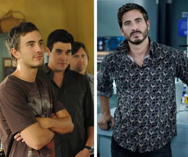 Ryan Corr on left in casual shirt with two men behind; Ryan on right in patterned shirt in a lab setting.