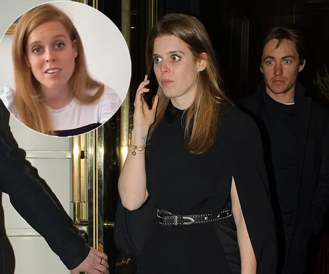 Princess Beatrice wearing black, on a phone call, with a man, inset of her speaking in a video.