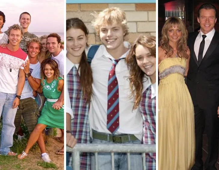 Group photos from "Home and Away," featuring cast members in various settings and outfits.
