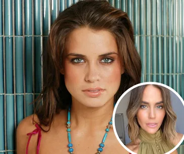 Jodi Gordon, from "Home and Away," poses with a blue beaded necklace; inset shows her in a green top against a neutral background.