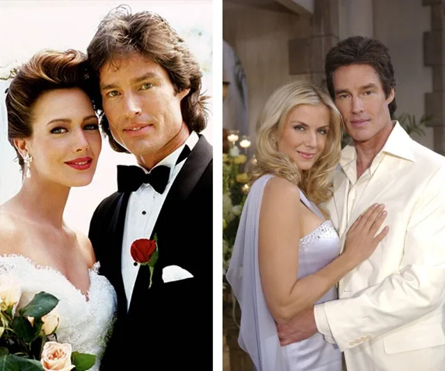 Classic wedding photos of a couple from "The Bold and the Beautiful," showcasing two romantic moments.