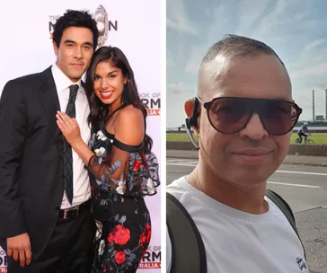 A couple poses on a red carpet; a man wearing sunglasses takes a selfie outdoors with an industrial backdrop.