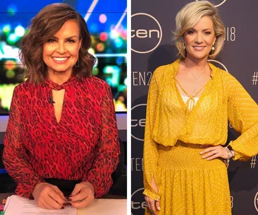 Two women smiling; one in a red patterned top, the other in a yellow dress, standing against different backgrounds.