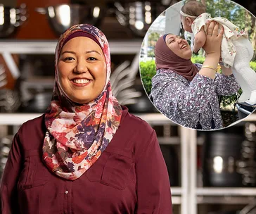 Woman in floral hijab smiling indoors with inset of her lifting a baby outside.