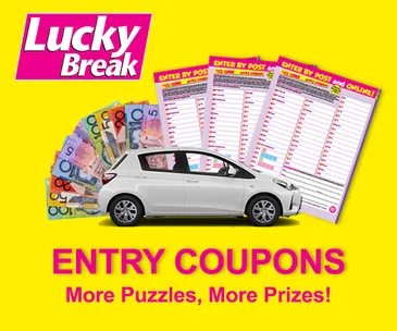 "Image of Lucky Break entry coupons, cash, and car against a yellow background with the text 'ENTRY COUPONS' below."