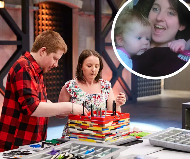 Two people building with LEGO; inset shows a woman holding a baby.