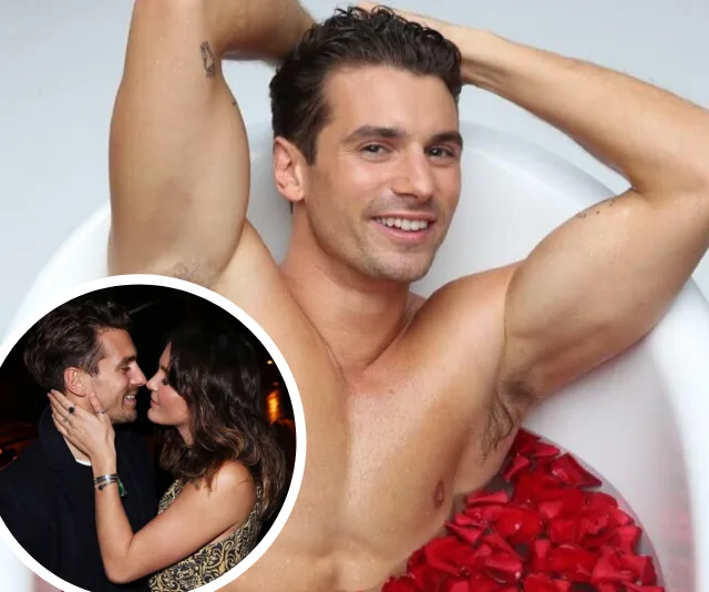 Man in a rose petal bath smiling, with inset of a couple embracing and smiling at each other.