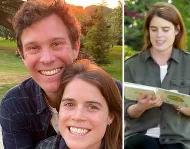 Couple smiling outdoors; woman reading book in garden in separate image.