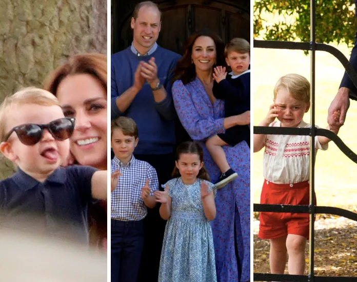 Prince William and Kate Middleton with their children in various settings, including outdoor family moments and events.