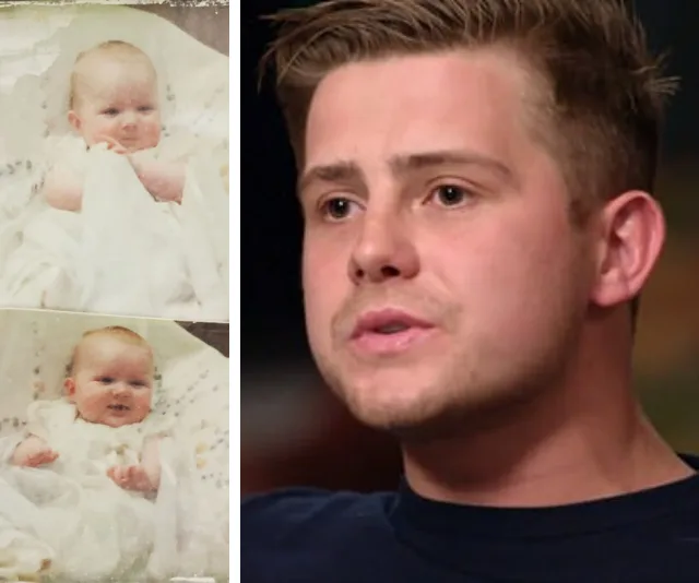 "Collage of two baby photos on the left and a man speaking on the right."