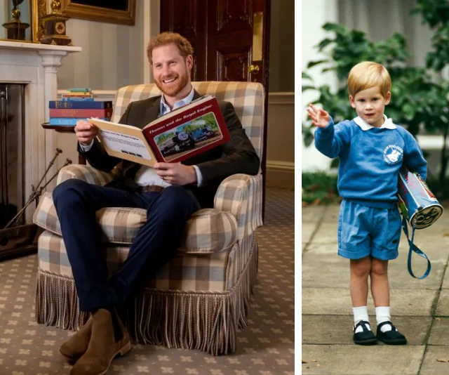 Prince Harry reading "Thomas & Friends" book in a chair; childhood photo of him in blue outfit holding Thomas bag.