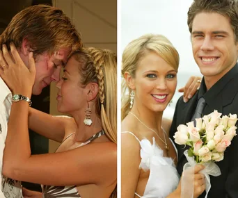A couple embracing and a smiling pair in wedding attire holding flowers, likely from "Home and Away."
