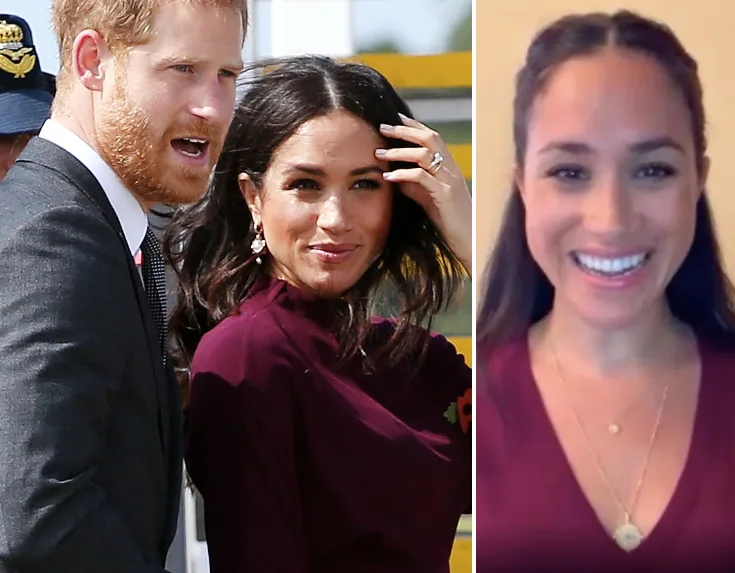 Meghan Markle smiling during a video call, wearing a maroon top, with a split image of her and someone in formal attire.