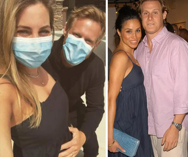 Couple with masks, woman holds belly; another couple poses at event.