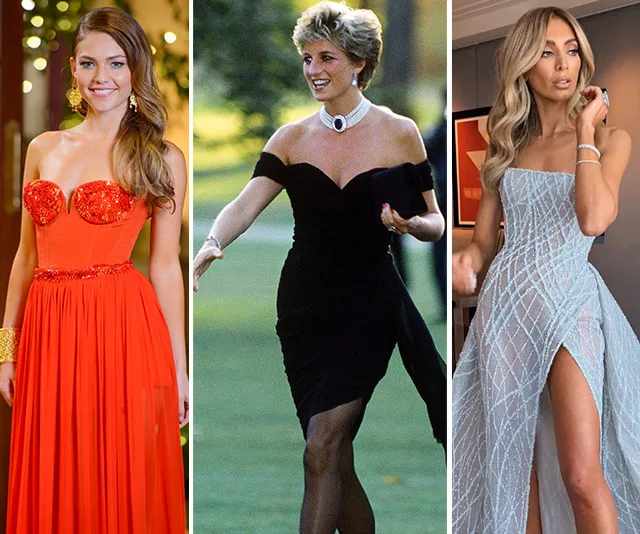 Three women in elegant dresses: red strapless, iconic black off-shoulder, and icy blue with a thigh-high slit.