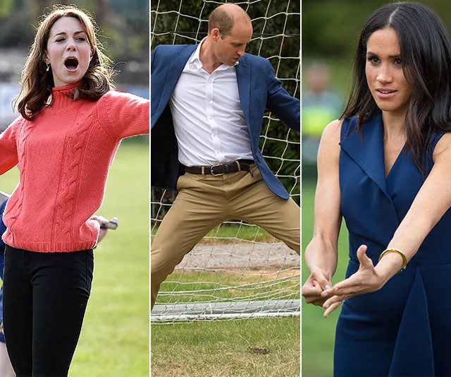Three royals engaging in sports activities; left in a coral sweater, center in blue blazer against soccer goal, right in navy dress.