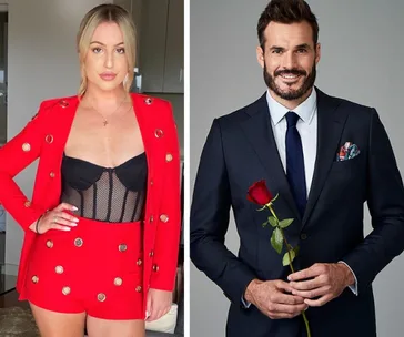 Two people: one in a red outfit, the other in a suit holding a rose.