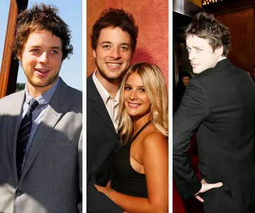 Three photos of a man in suits: smiling outside, with a woman, and playfully looking over his shoulder indoors.
