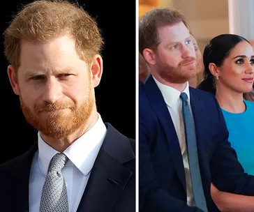 Two images of Prince Harry: left, close-up in suit; right, seated with Meghan Markle at an event.