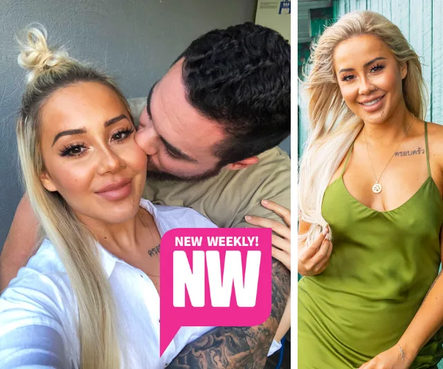 Couple taking a selfie, man kissing woman's cheek; woman smiles in green dress, overlaid with "New Weekly!" logo.