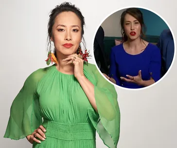 Woman in a green dress and colorful earrings, with an inset of her in a blue dress speaking.