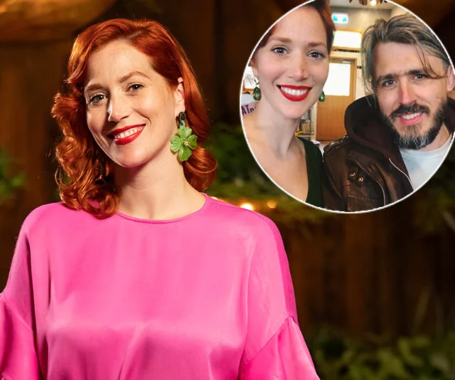 Sarah from MasterChef in a pink top with a man, smiling in an inset photo.