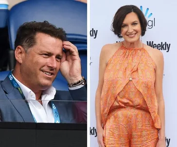 Man in suit smiling at event; woman in orange outfit posing on red carpet.