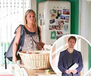 Ziggy from Home and Away stands with a basket, inset shows a concerned man, likely revealing her father.