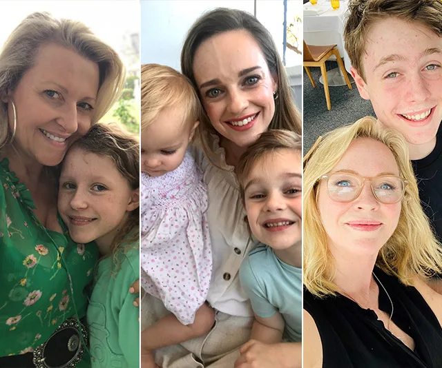 Mothers with their children, each smiling in three separate photos, celebrating Mother's Day.