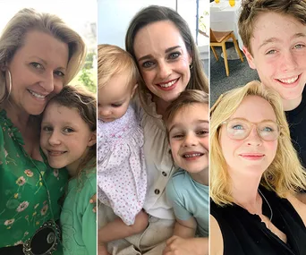 Mothers with their children, each smiling in three separate photos, celebrating Mother's Day.