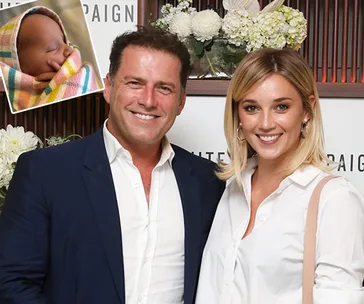 Karl and Jasmine smiling at an event; inset shows a newborn wrapped in a colorful blanket.