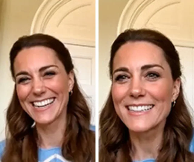 Woman smiling on a video call, wearing a blue jumper, with a neutral indoor background.