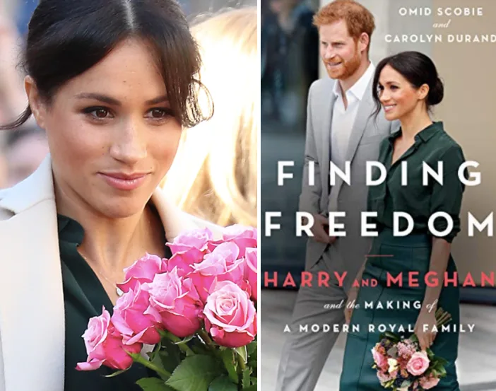 Royal couple holding flowers; on the book cover "Finding Freedom" by Omid Scobie and Carolyn Durand.