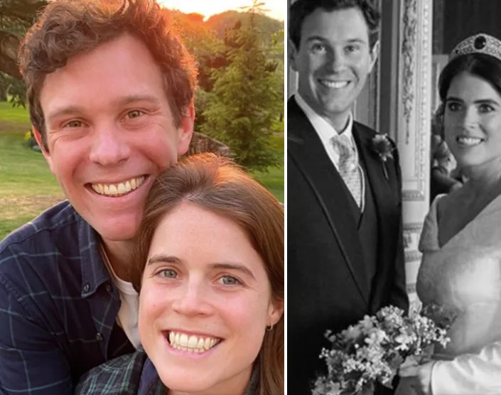 Two photos side-by-side: a couple smiling outdoors, and another on their wedding day indoors.