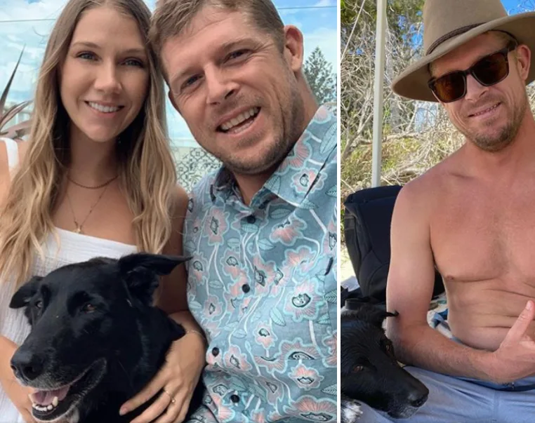 Couple with a black dog on the left; man wearing hat, sunglasses, and sitting with the dog on the right.