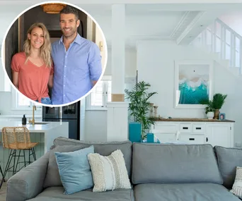Modern living room makeover with coastal decor; inset shows two smiling people.