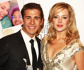 A man in a suit and a woman in a gold dress smiling at an awards event; inset shows two people in glasses.
