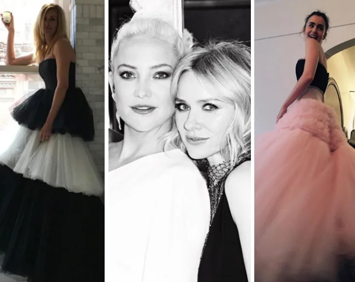 Women in elegant dresses; one in black and white gown, two posing together, and another in a pink layered dress.