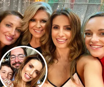 Group of four women smiling in a selfie with an inset of a family portrait showing a woman, man, and child.
