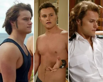 Actor in three scenes from "Home and Away": wearing a tank top, shirtless, and in a white uniform shirt.