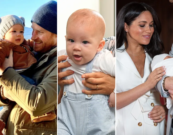 A collage of a baby with a man outdoors, a baby in blue overalls, and a woman cradling a newborn.