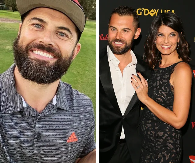 Man with a beard in a cap on the left; man in a suit with a woman in a black dress on the right.