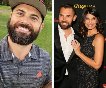 Man with a beard in a cap on the left; man in a suit with a woman in a black dress on the right.