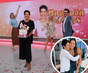 "Celebration on Studio 10 set for Narelda Jacobs with colleagues, featuring cake and confetti, plus hugging inset."