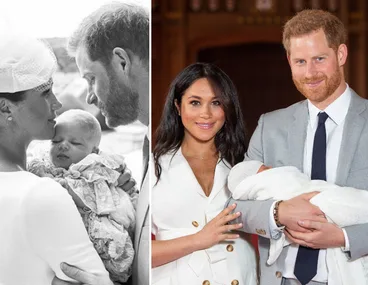 A couple with their baby in two images: left in black and white, right smiling together in color.
