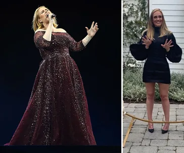 Adele performing in a sparkling dress; next image shows her outdoors in a black dress showcasing weight loss.