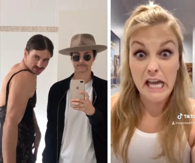 Two men in a mirror selfie; one in a dress, the other in a hat and sunglasses. Woman with a funny expression on the right.