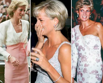 Three images of Princess Diana wearing different elegant dresses at public events.