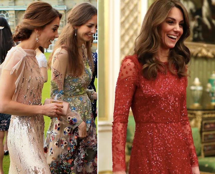 Kate Middleton in two sparkly gowns: one blush pink and one red, smiling at events.